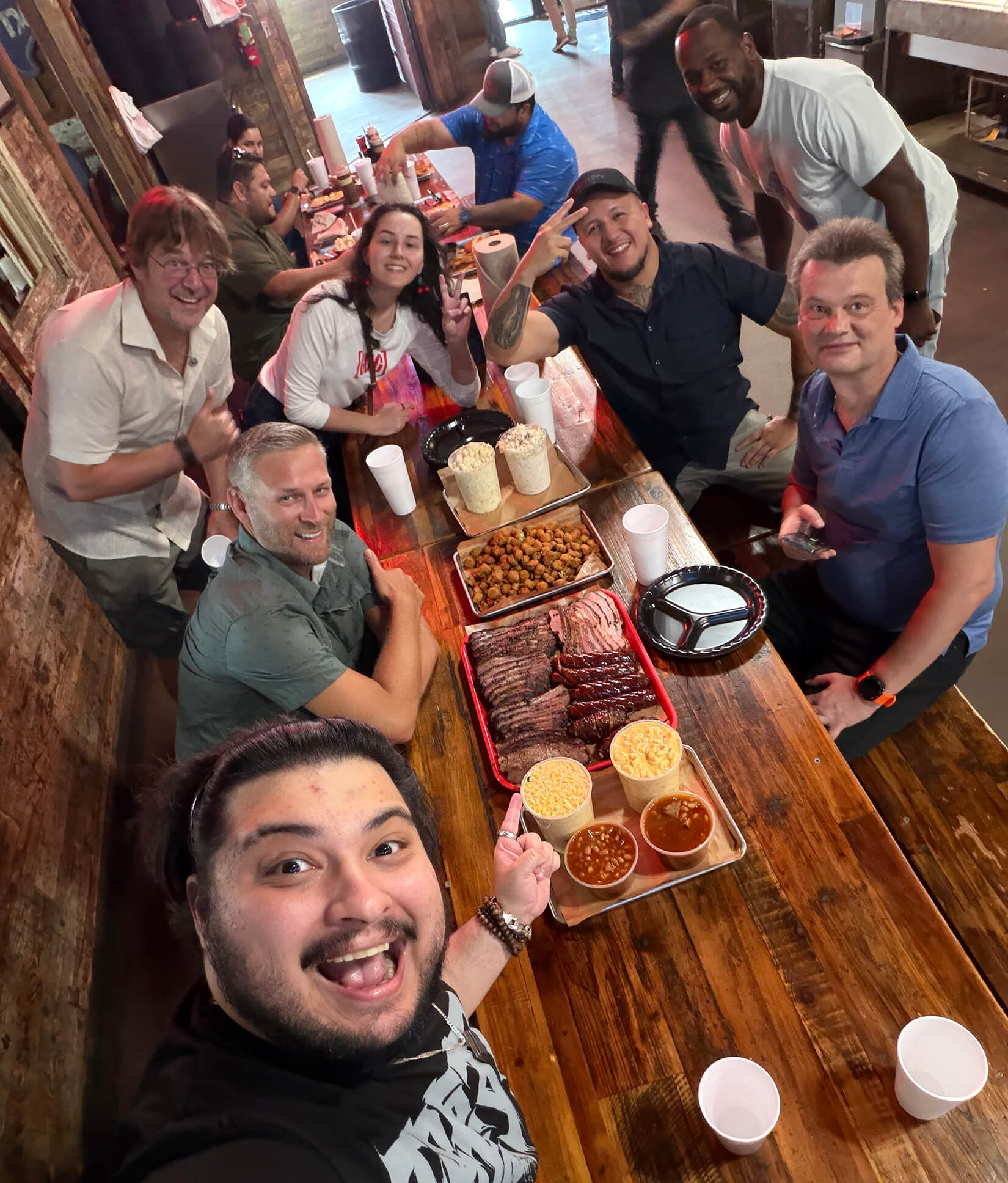 The team sharing dinner