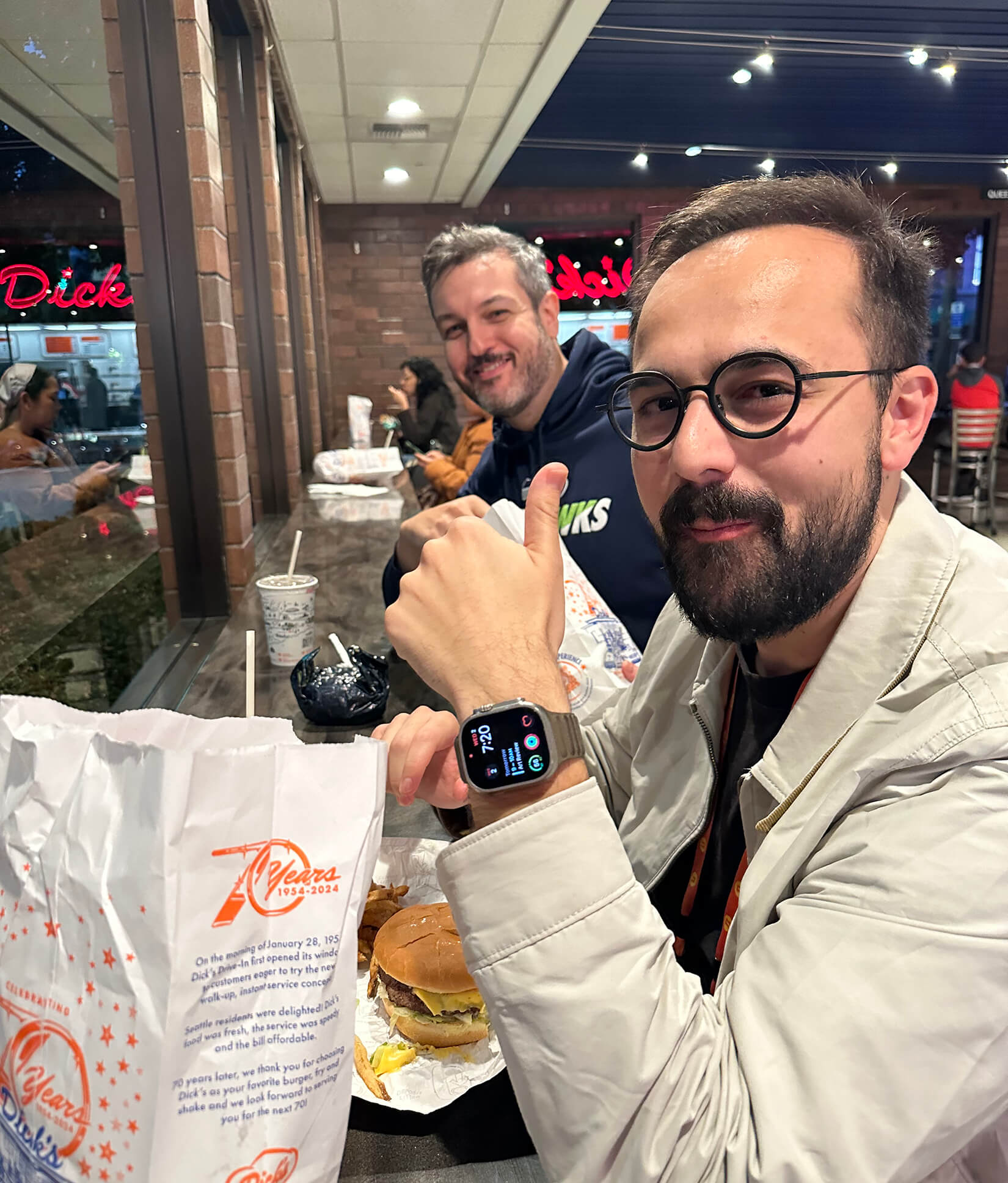 The team sharing dinner